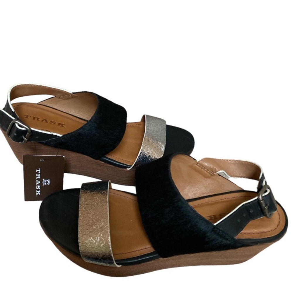 Trask Black and Metallic Gold Wedge Sandals
